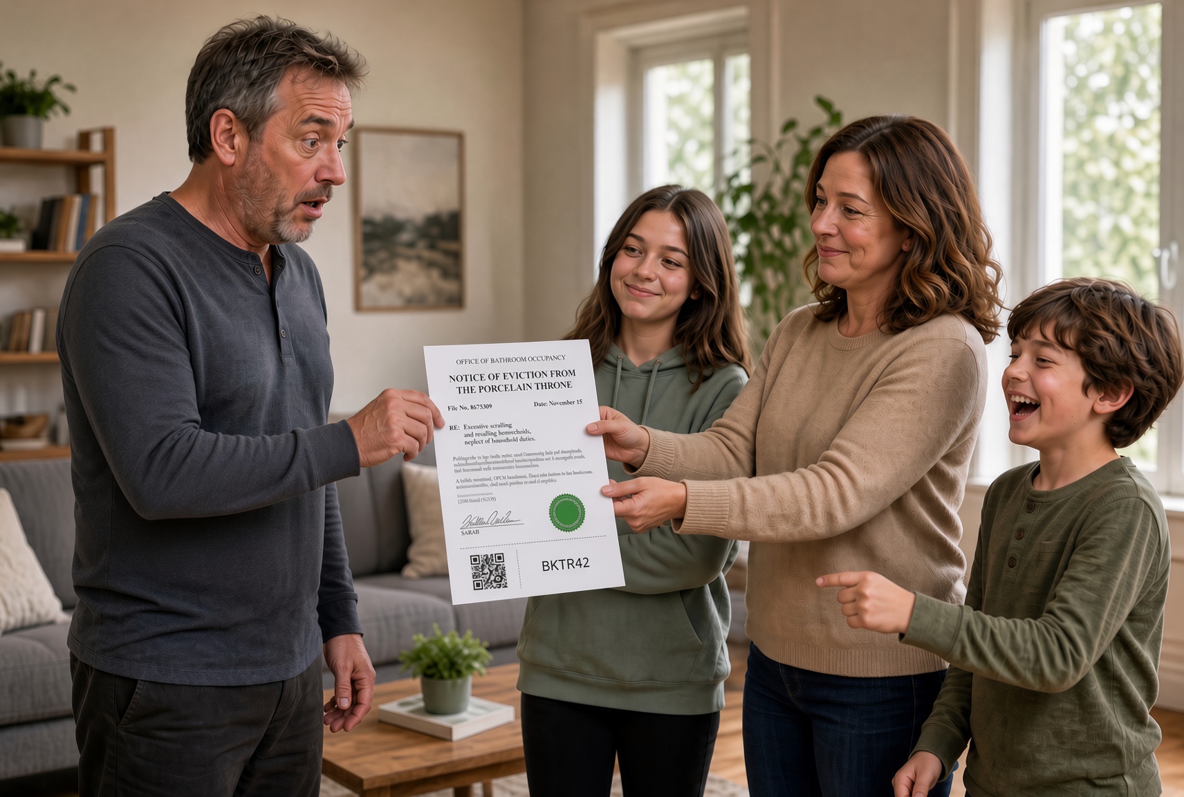 A father being handed an eviction notice in a living room by his wife, with two children laughing.