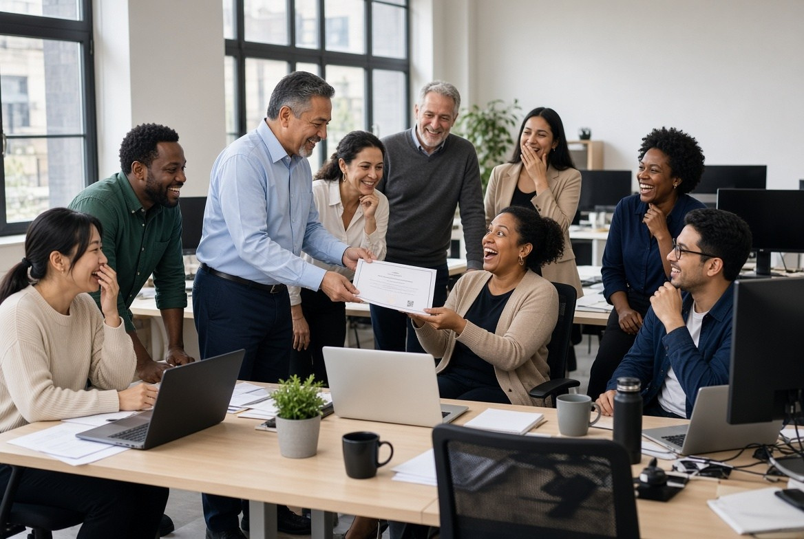 A colleague being served a notice at their desk while eight coworkers look on, laughing.